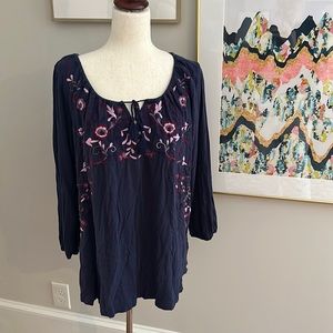 Lucky Brand Boho Floral Embroidered Peasant Blouse XL